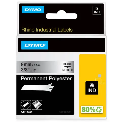 Dymo RHINO taśma poliestrowa trwała 9mm czarna na metalicznym